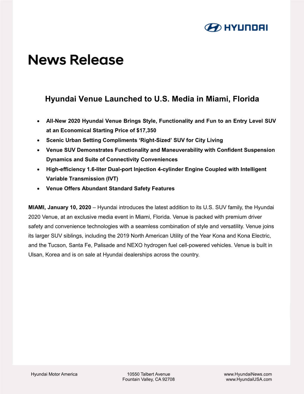 Hyundai Venue Launched to U.S. Media in Miami, Florida