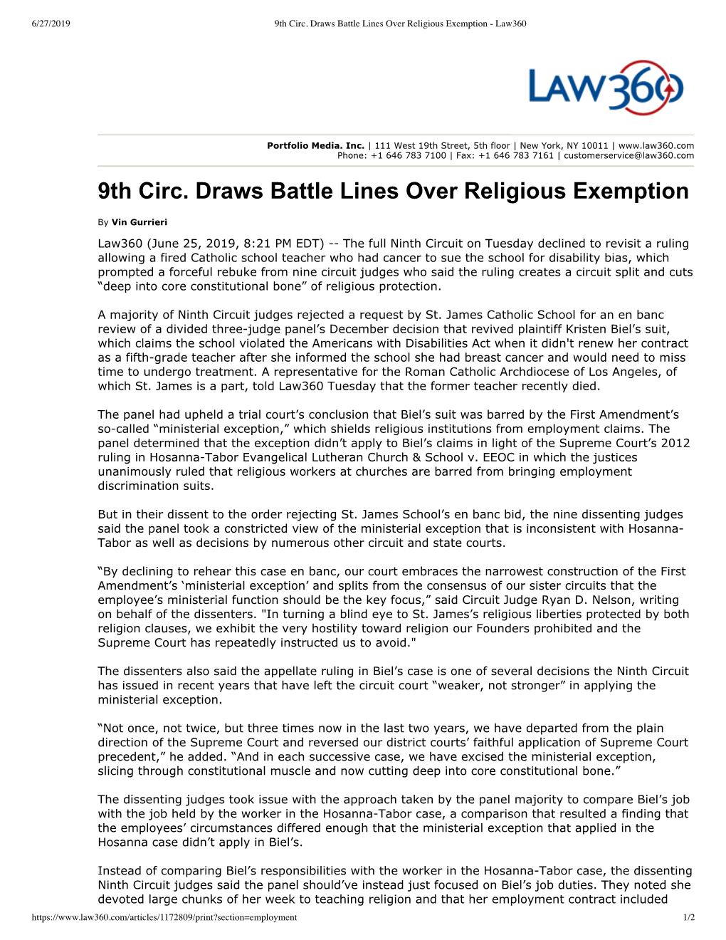 9Th Circ. Draws Battle Lines Over Religious Exemption - Law360
