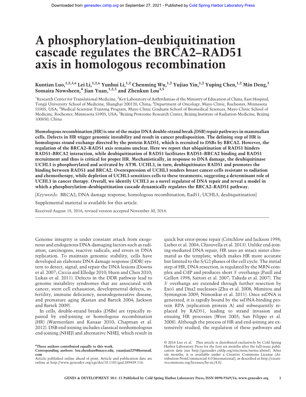 A Phosphorylation–Deubiquitination Cascade Regulates the BRCA2–RAD51 Axis in Homologous Recombination