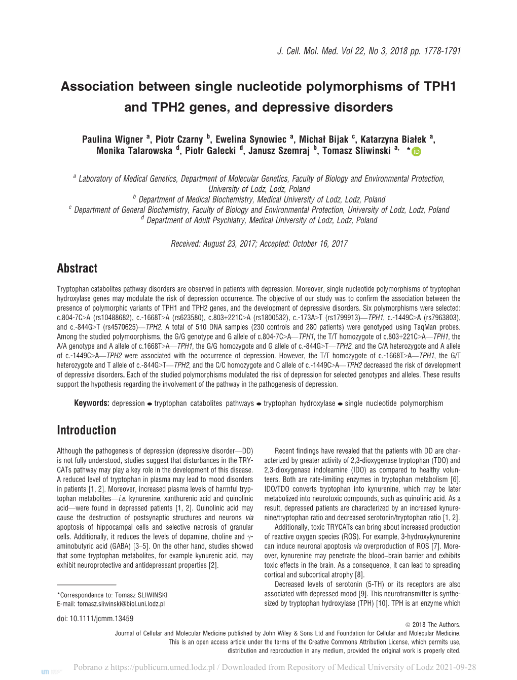 Association Between Single Nucleotide Polymorphisms of TPH1 and TPH2 Genes, and Depressive Disorders