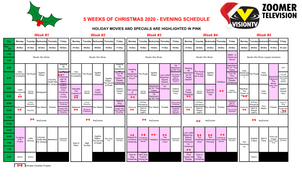 5 Weeks of Christmas 2020 - Evening Schedule