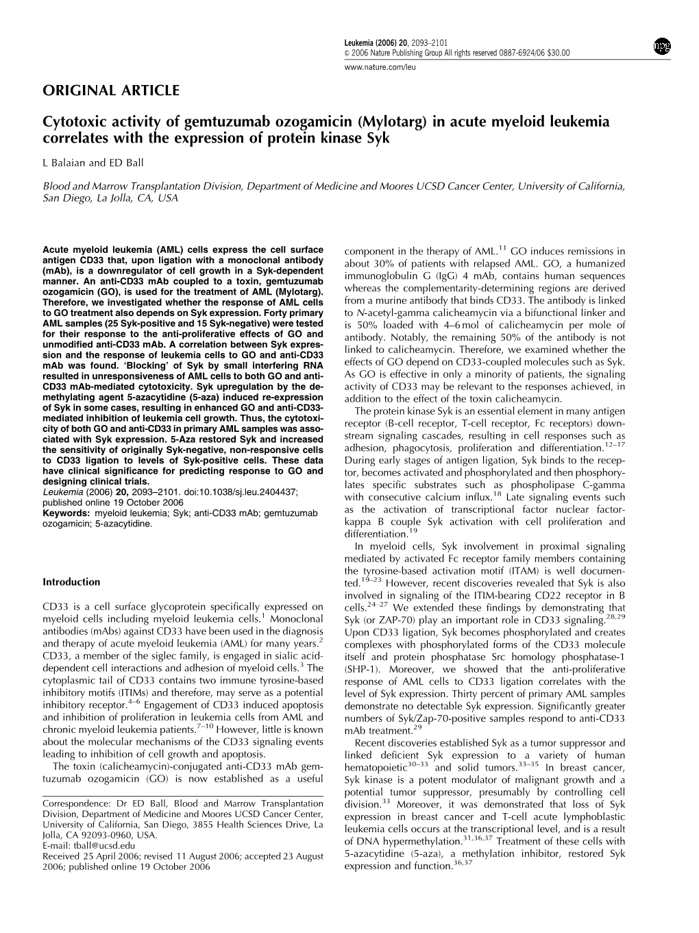 Cytotoxic Activity of Gemtuzumab Ozogamicin (Mylotarg) in Acute Myeloid Leukemia Correlates with the Expression of Protein Kinase Syk