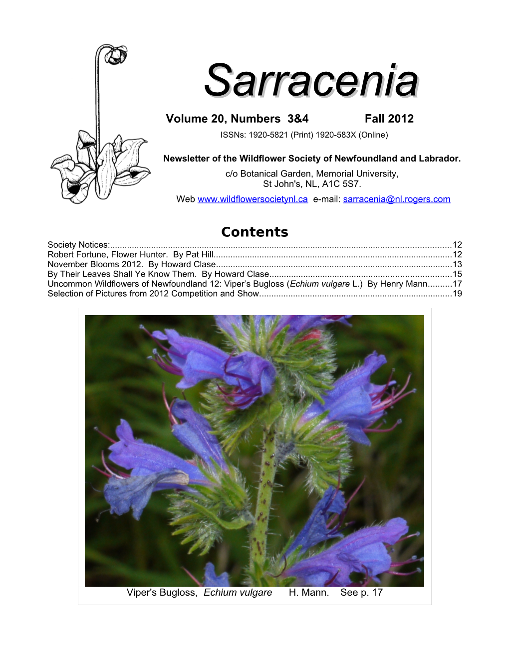 Sarraceniasarracenia Volume 20, Numbers 3&4 Fall 2012 Issns: 1920-5821 (Print) 1920-583X (Online)