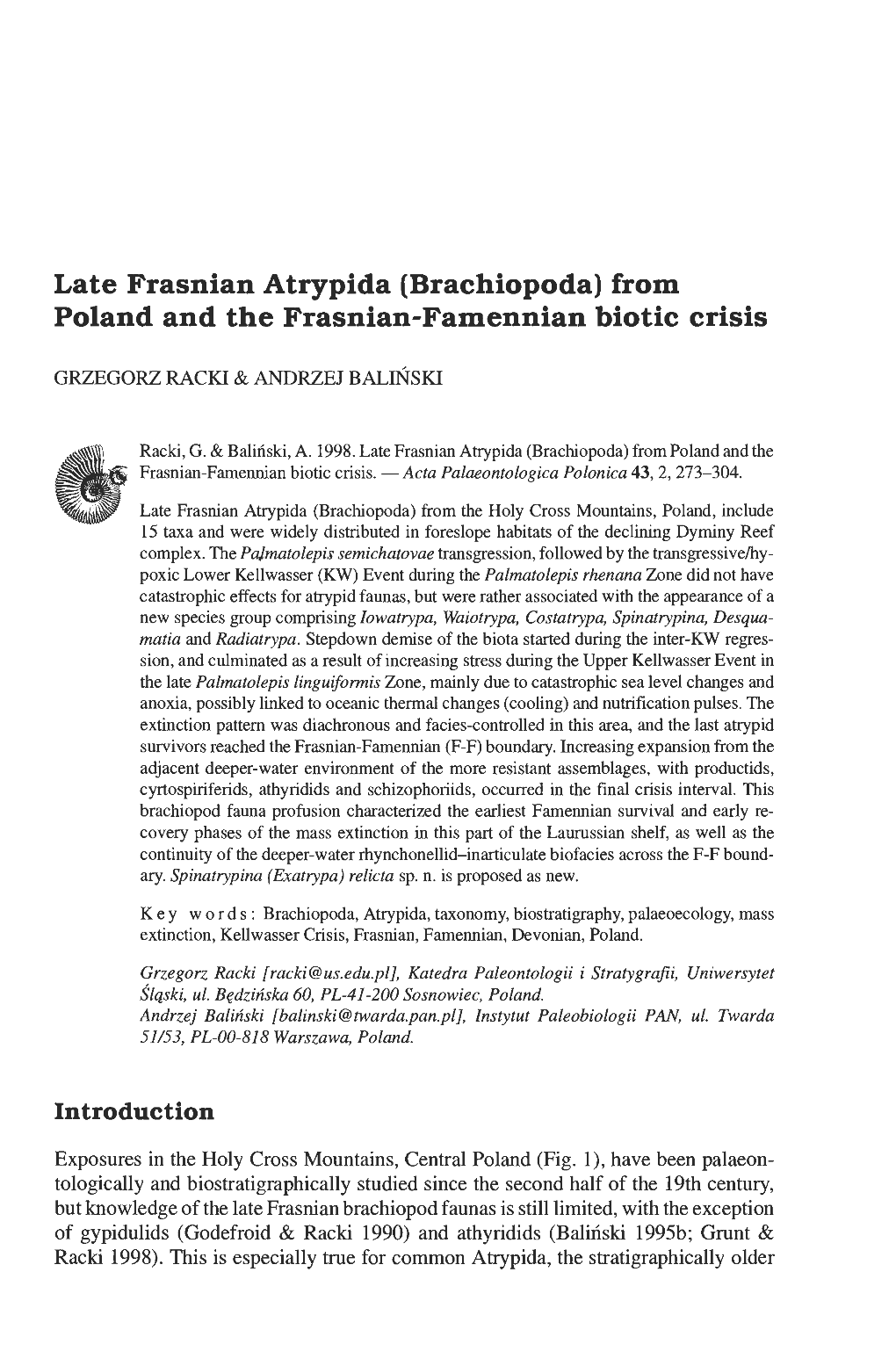 Brachiopoda)From Poland and the Frasnian-Famennian Biotic Crisis