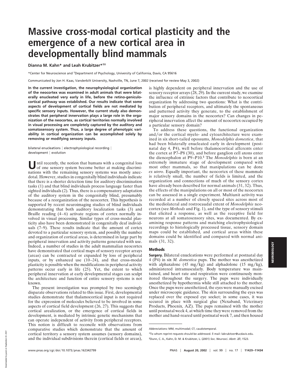 Massive Cross-Modal Cortical Plasticity and the Emergence of a New Cortical Area in Developmentally Blind Mammals