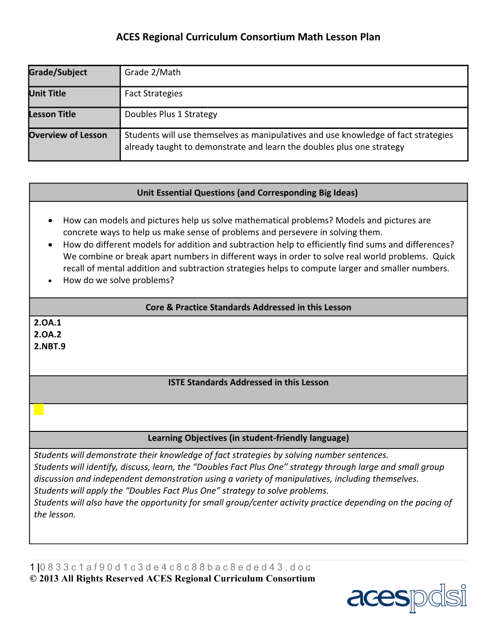 ACES Regional Curriculum Consortium Math Lesson Plan