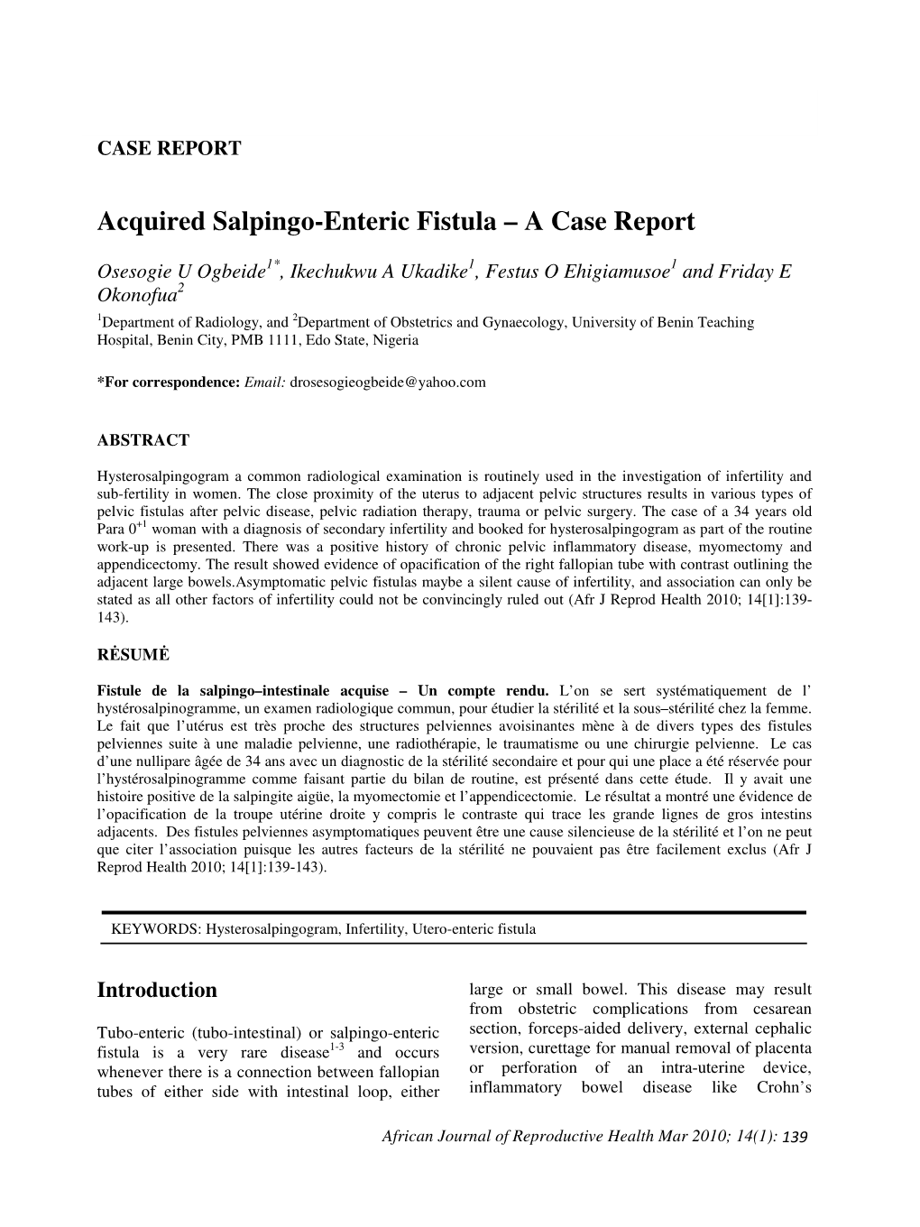Acquired Salpingo-Enteric Fistula – a Case Report