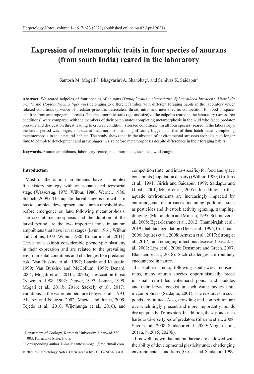 Expression of Metamorphic Traits in Four Species of Anurans (From South India) Reared in the Laboratory