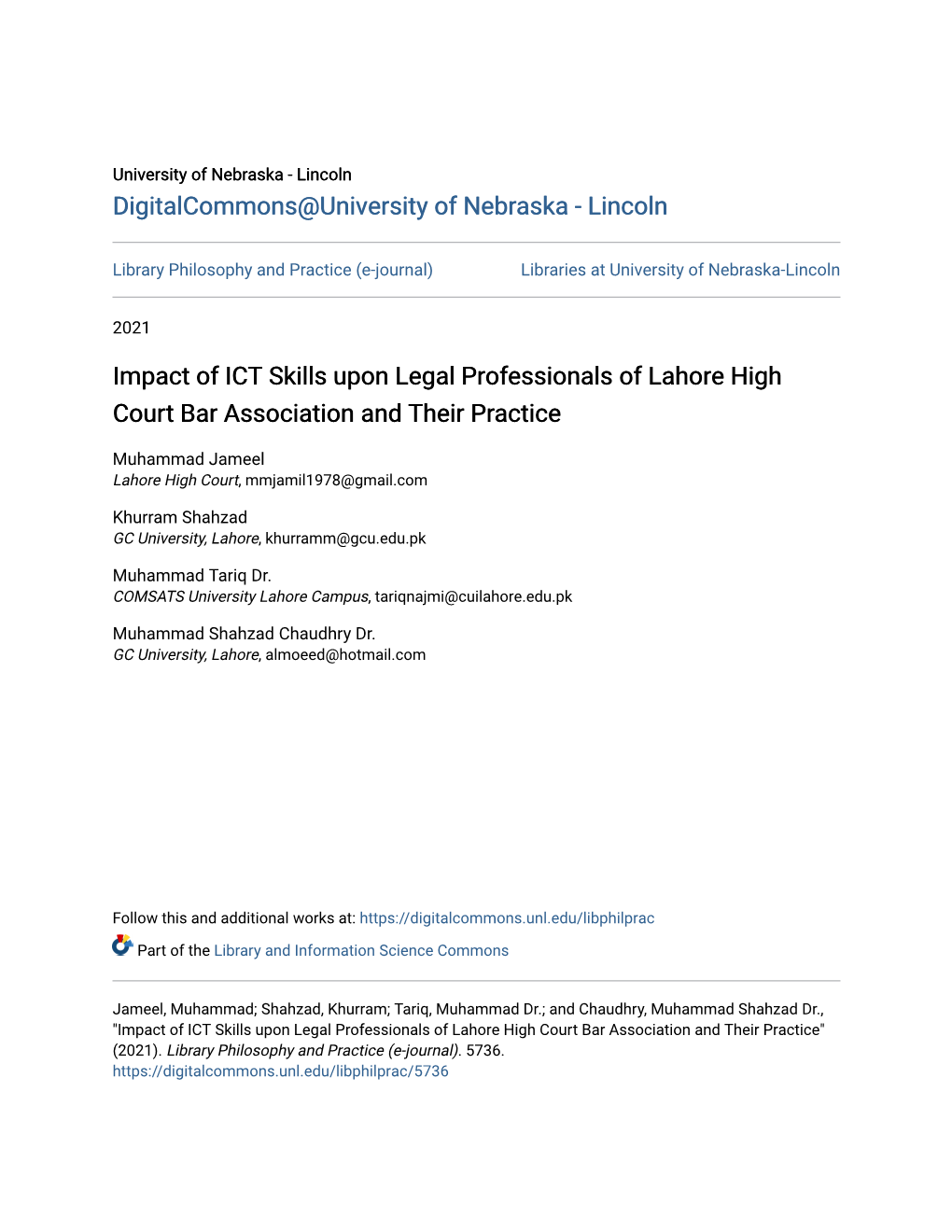 Impact of ICT Skills Upon Legal Professionals of Lahore High Court Bar Association and Their Practice