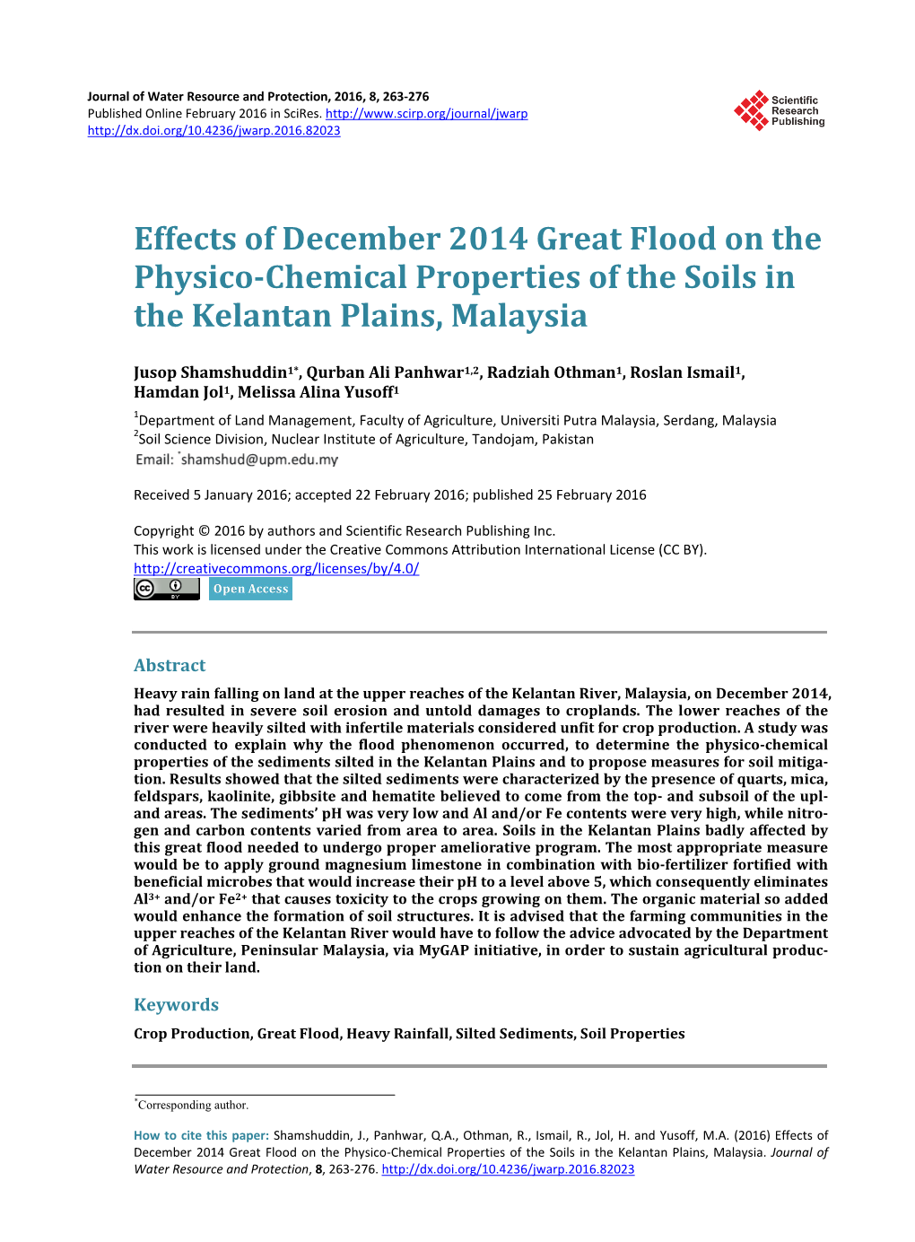 Effects of December 2014 Great Flood on the Physico-Chemical Properties of the Soils in the Kelantan Plains, Malaysia