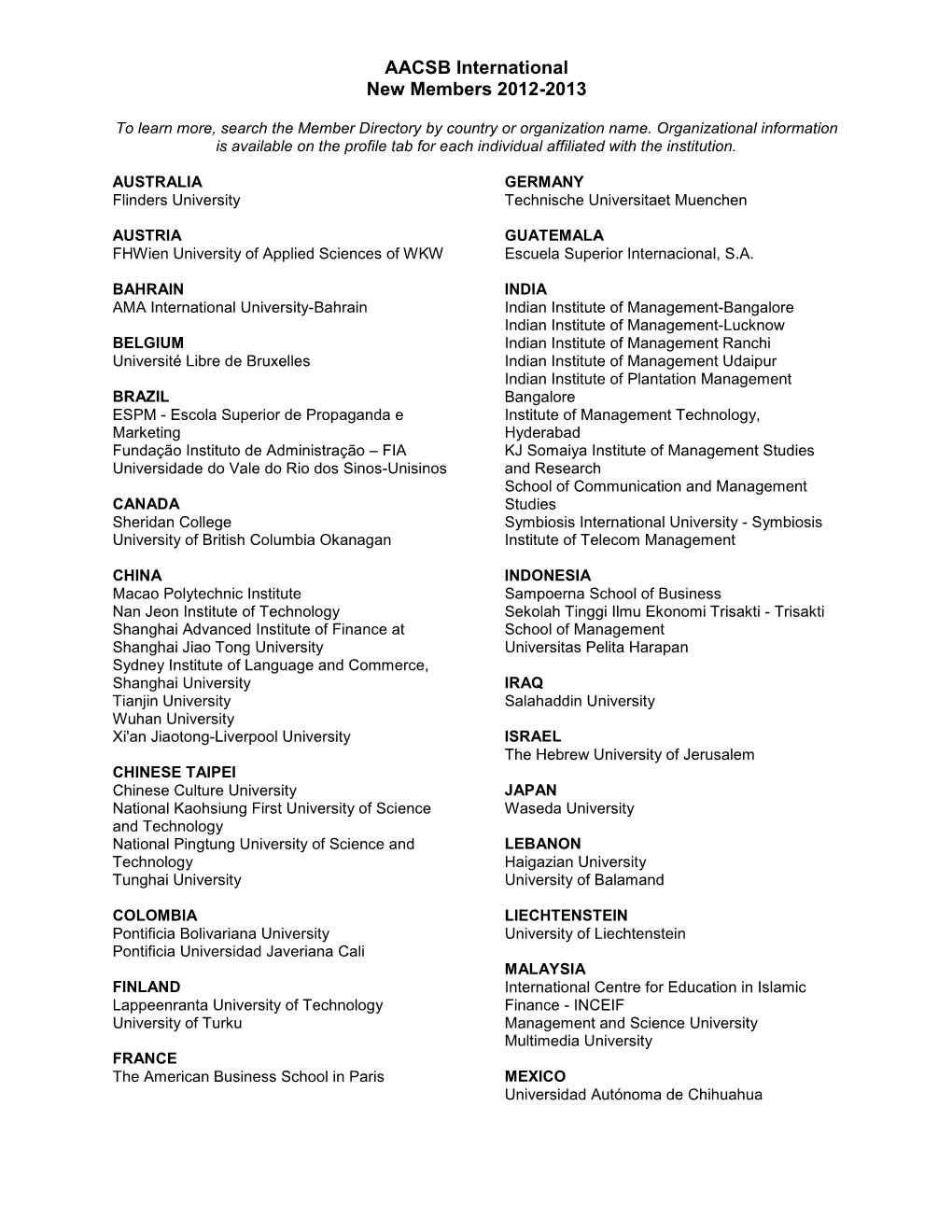 AACSB International New Members 2012-2013