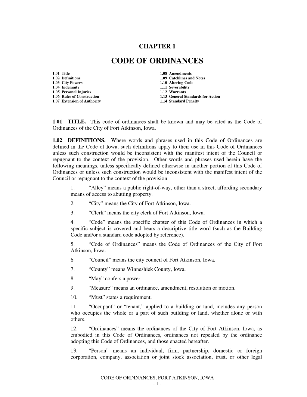 Chapter 1 Code of Ordinances