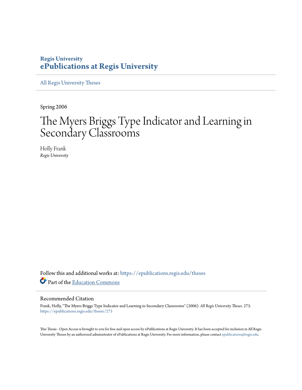 The Myers Briggs Type Indicator and Learning in Secondary Classrooms