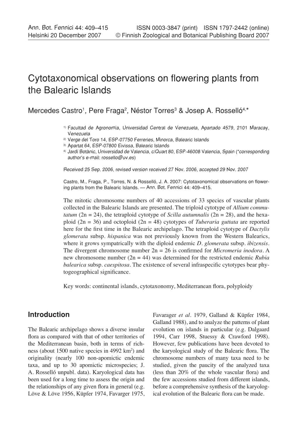 Cytotaxonomical Observations on Flowering Plants from the Balearic Islands