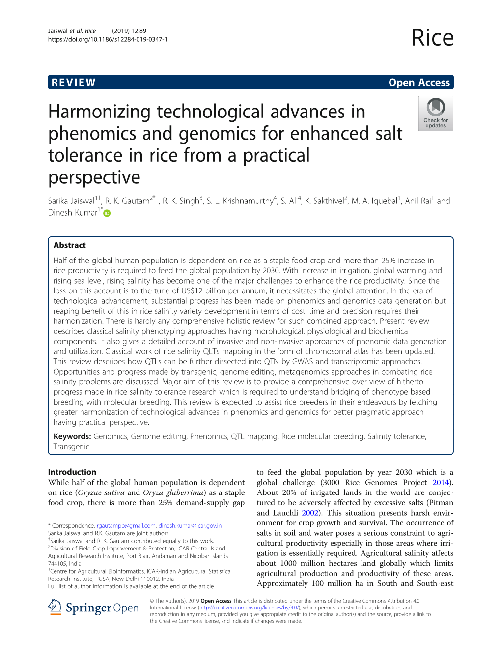 Harmonizing Technological Advances in Phenomics and Genomics for Enhanced Salt Tolerance in Rice from a Practical Perspective Sarika Jaiswal1†, R