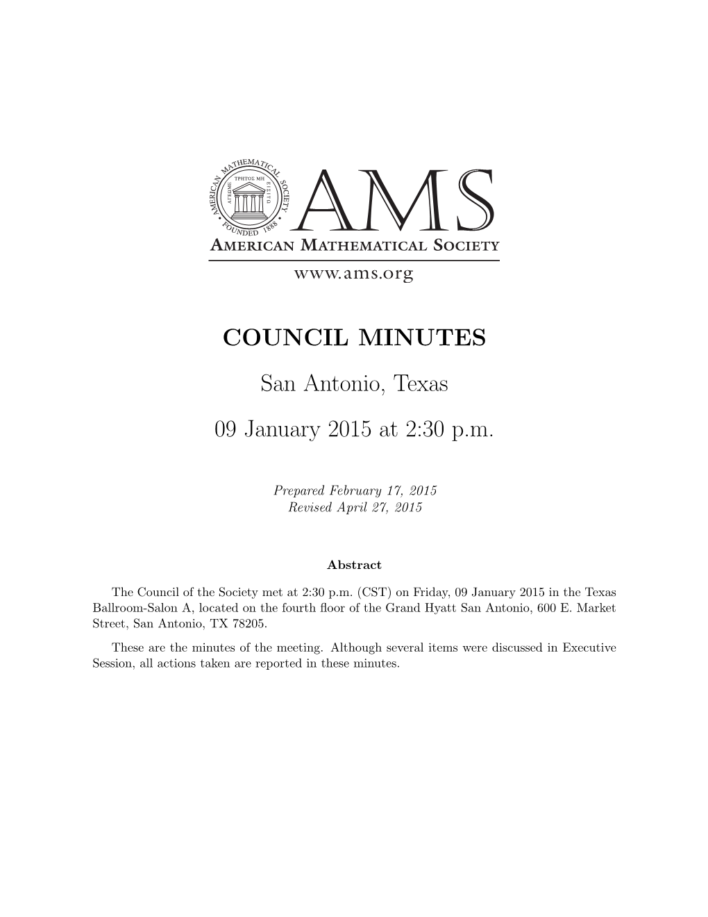 COUNCIL MINUTES San Antonio, Texas 09 January 2015 at 2:30 P.M