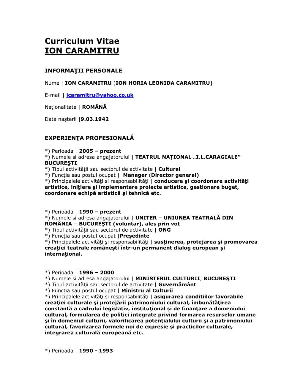 Curriculum Vitae ION CARAMITRU