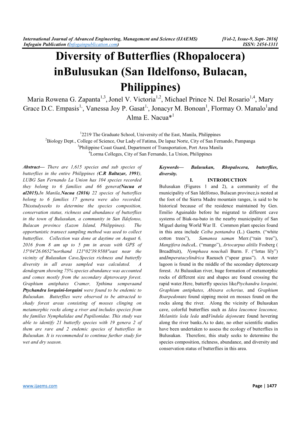 Diversity of Butterflies (Rhopalocera) Inbulusukan (San Ildelfonso, Bulacan, Philippines) Maria Rowena G