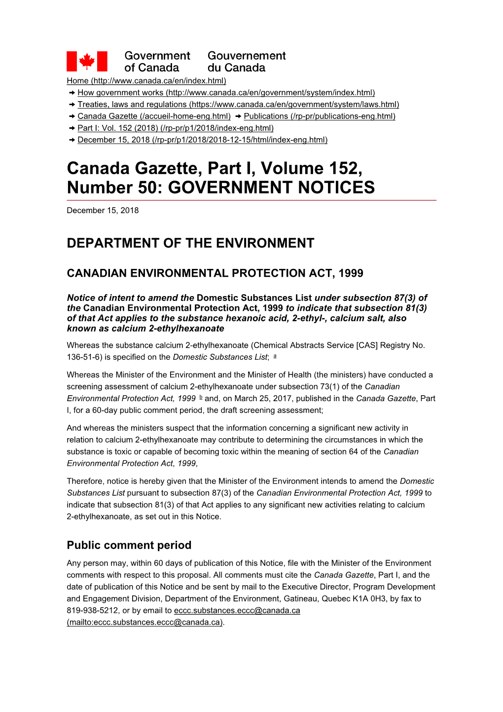 Canada Gazette, Part I, Volume 152, Number 50: GOVERNMENT NOTICES