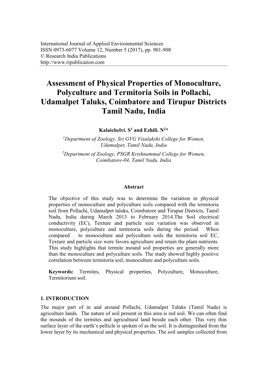 Assessment of Physical Properties of Monoculture, Polyculture and Termitoria Soils in Pollachi, Udamalpet Taluks, Coimbatore and Tirupur Districts Tamil Nadu, India