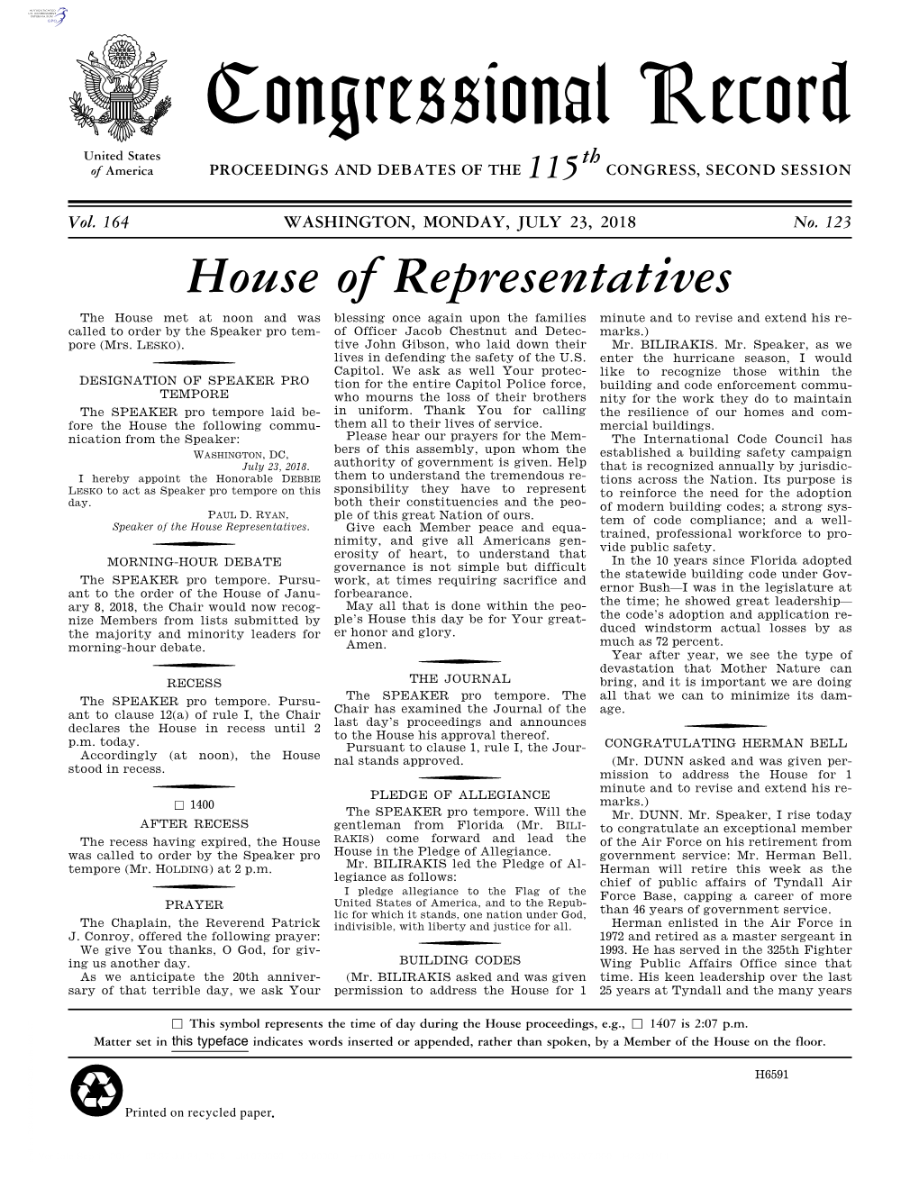 Congressional Record United States Th of America PROCEEDINGS and DEBATES of the 115 CONGRESS, SECOND SESSION