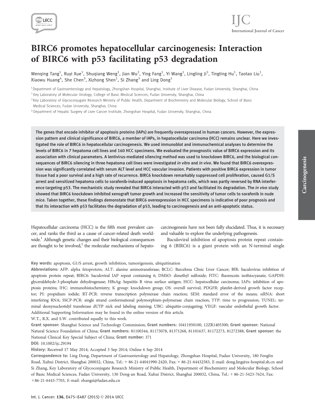 Interaction of BIRC6 with P53 Facilitating P53 Degradation