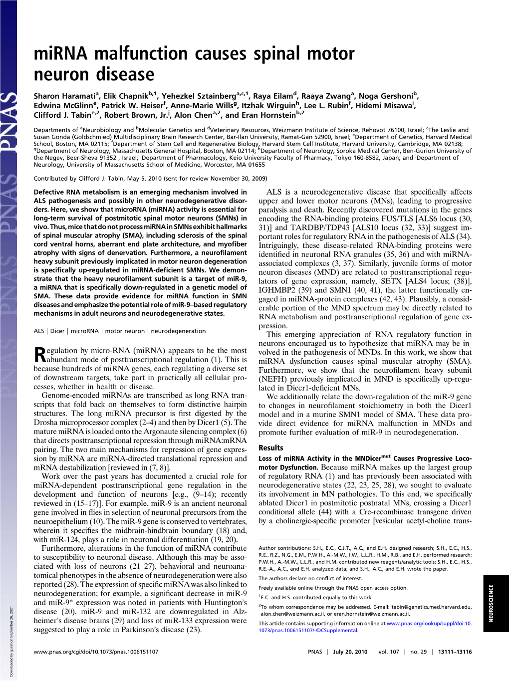 Mirna Malfunction Causes Spinal Motor Neuron Disease