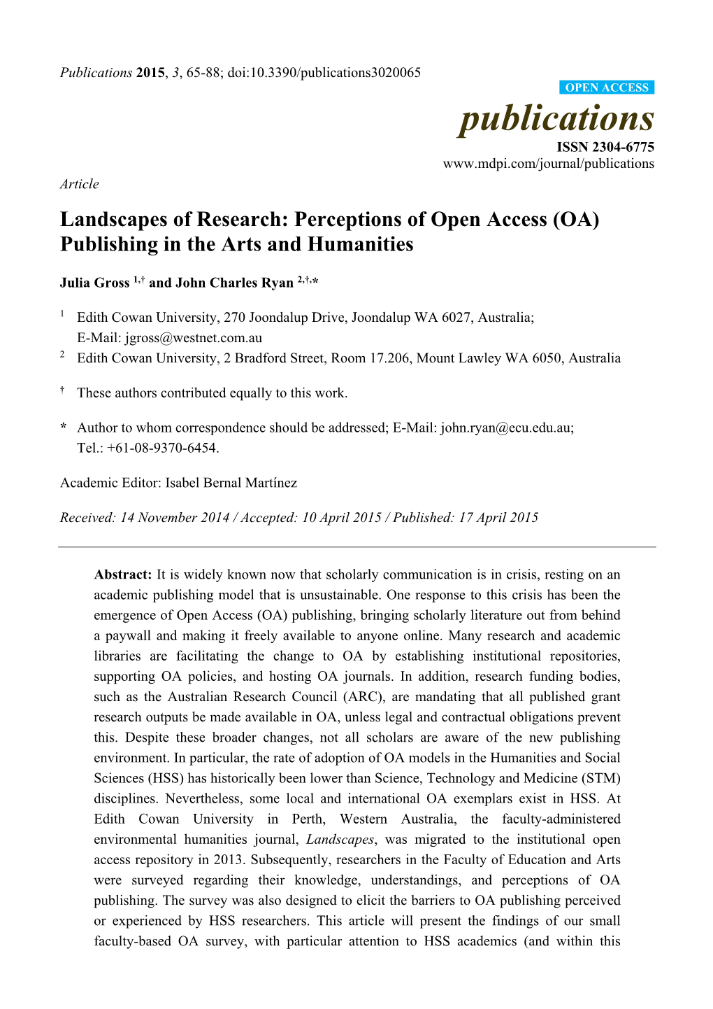 Perceptions of Open Access (OA) Publishing in the Arts and Humanities