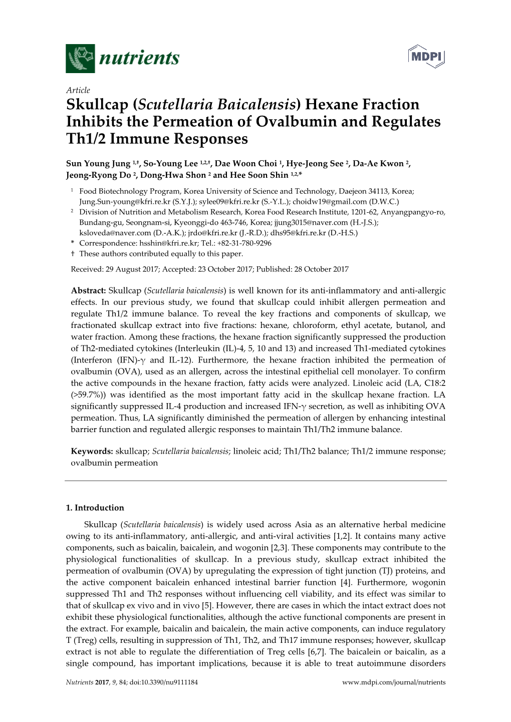 Skullcap (Scutellaria Baicalensis) Hexane Fraction Inhibits the Permeation of Ovalbumin and Regulates Th1/2 Immune Responses