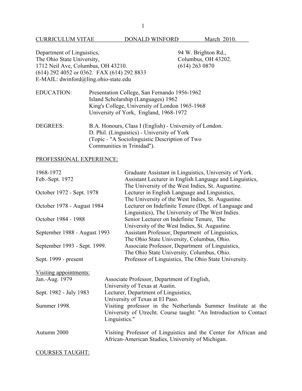 CURRICULUM VITAE DONALD WINFORD March 2010