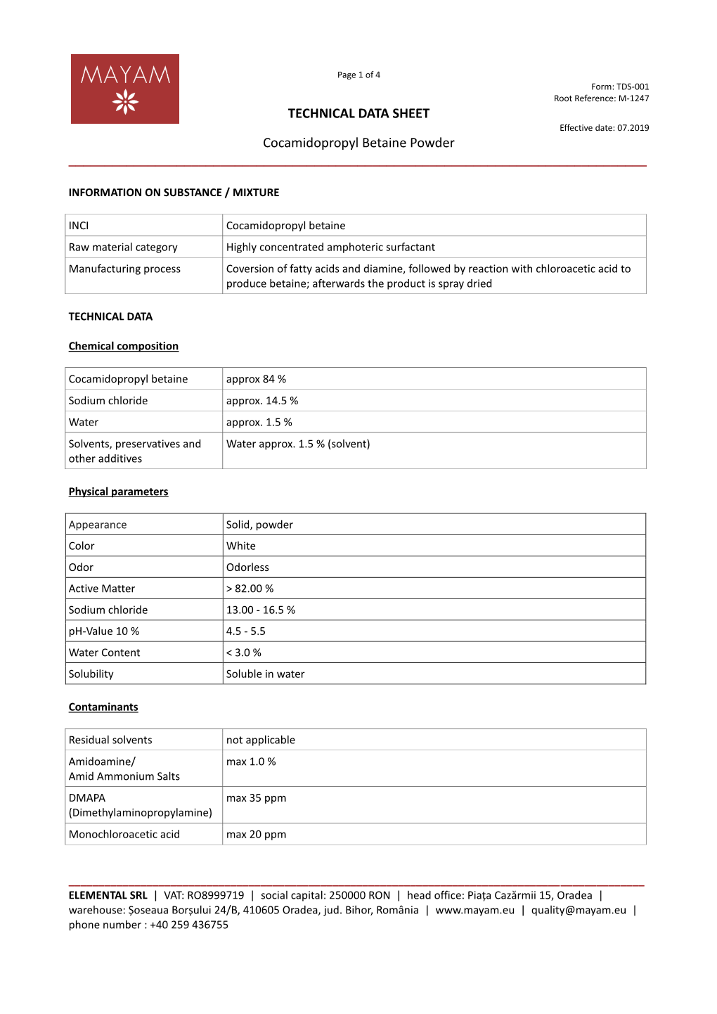 TECHNICAL DATA SHEET Cocamidopropyl Betaine Powder