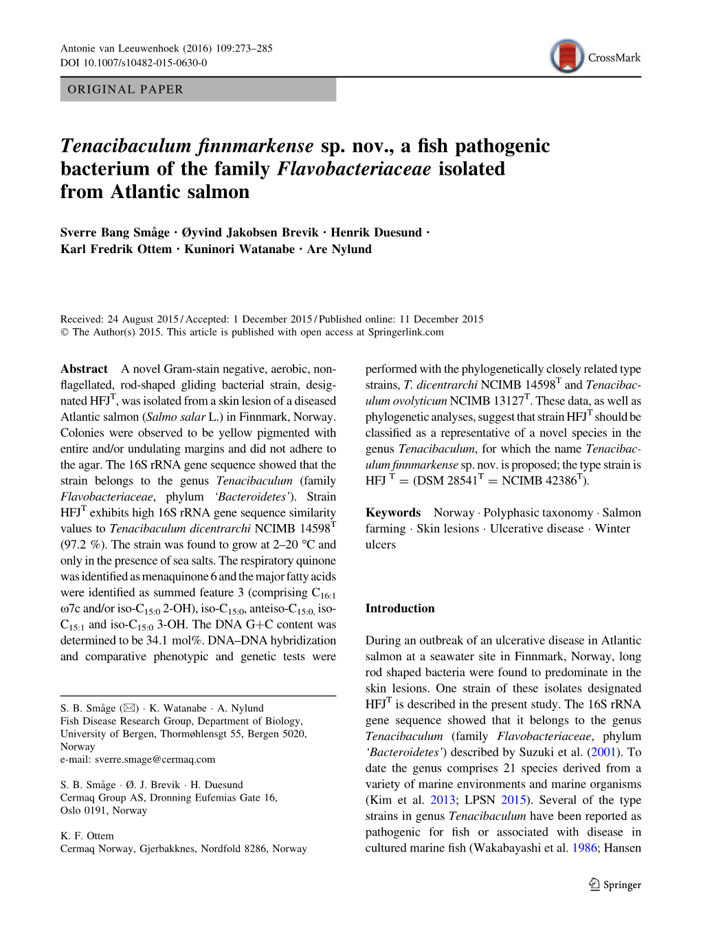 Tenacibaculum Finnmarkense Sp. Nov., a Fish Pathogenic Bacterium Of