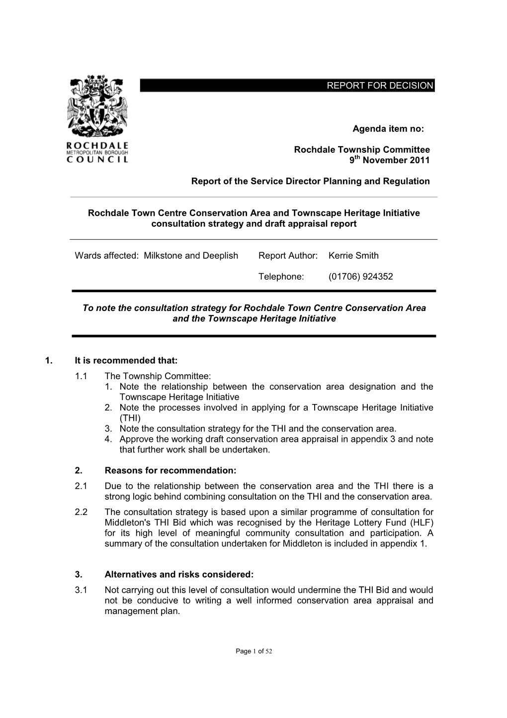 Rochdale Township Committee 9Th November 2011 Report of the Service Director Planning A