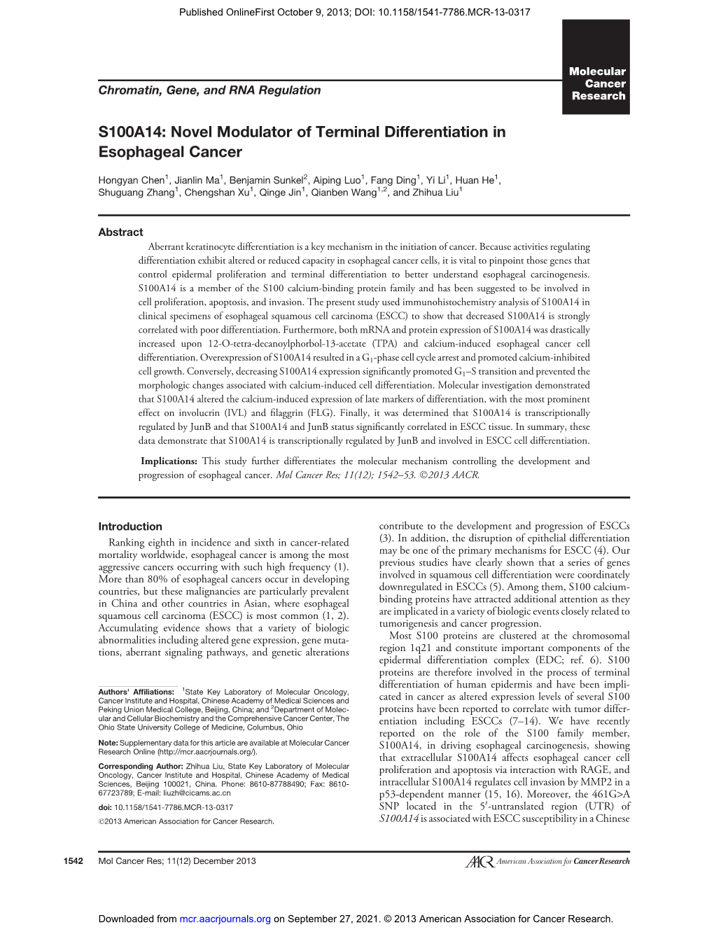 S100A14: Novel Modulator of Terminal Differentiation in Esophageal Cancer