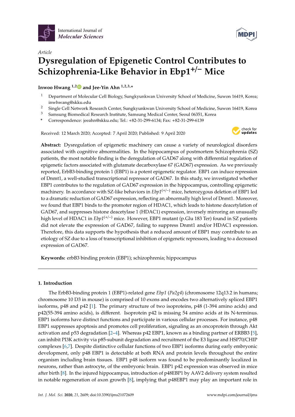 Dysregulation of Epigenetic Control Contributes to Schizophrenia-Like Behavior in Ebp1+/- Mice