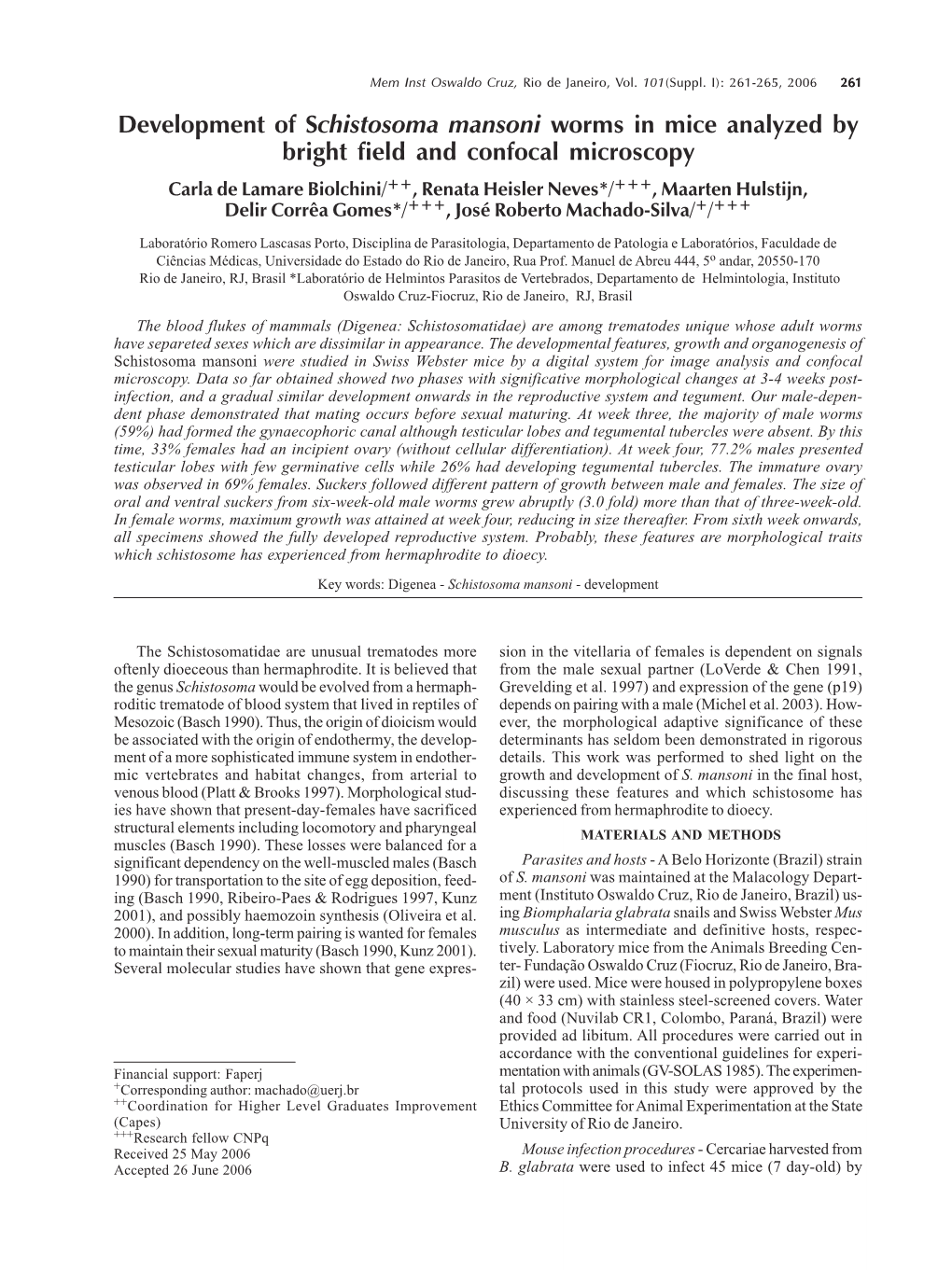 Development of Schistosoma Mansoni Worms in Mice Analyzed by Bright Field and Confocal Microscopy