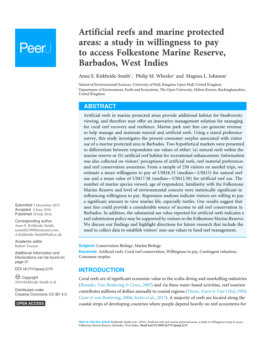 Artificial Reefs and Marine Protected Areas: a Study in Willingness to Pay to Access Folkestone Marine Reserve, Barbados, West Indies