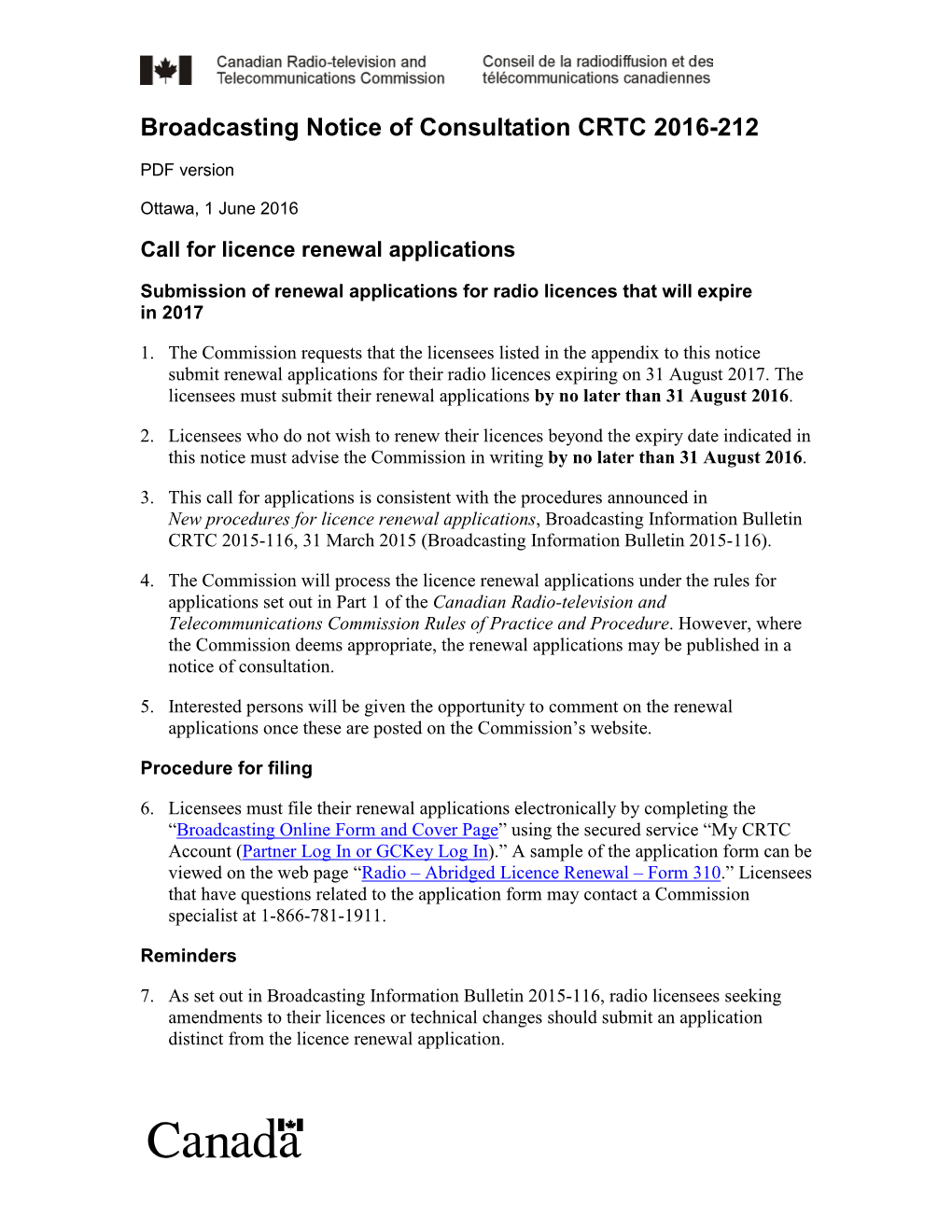 Submission of Renewal Applications for Radio Licences That Will Expire in 2017