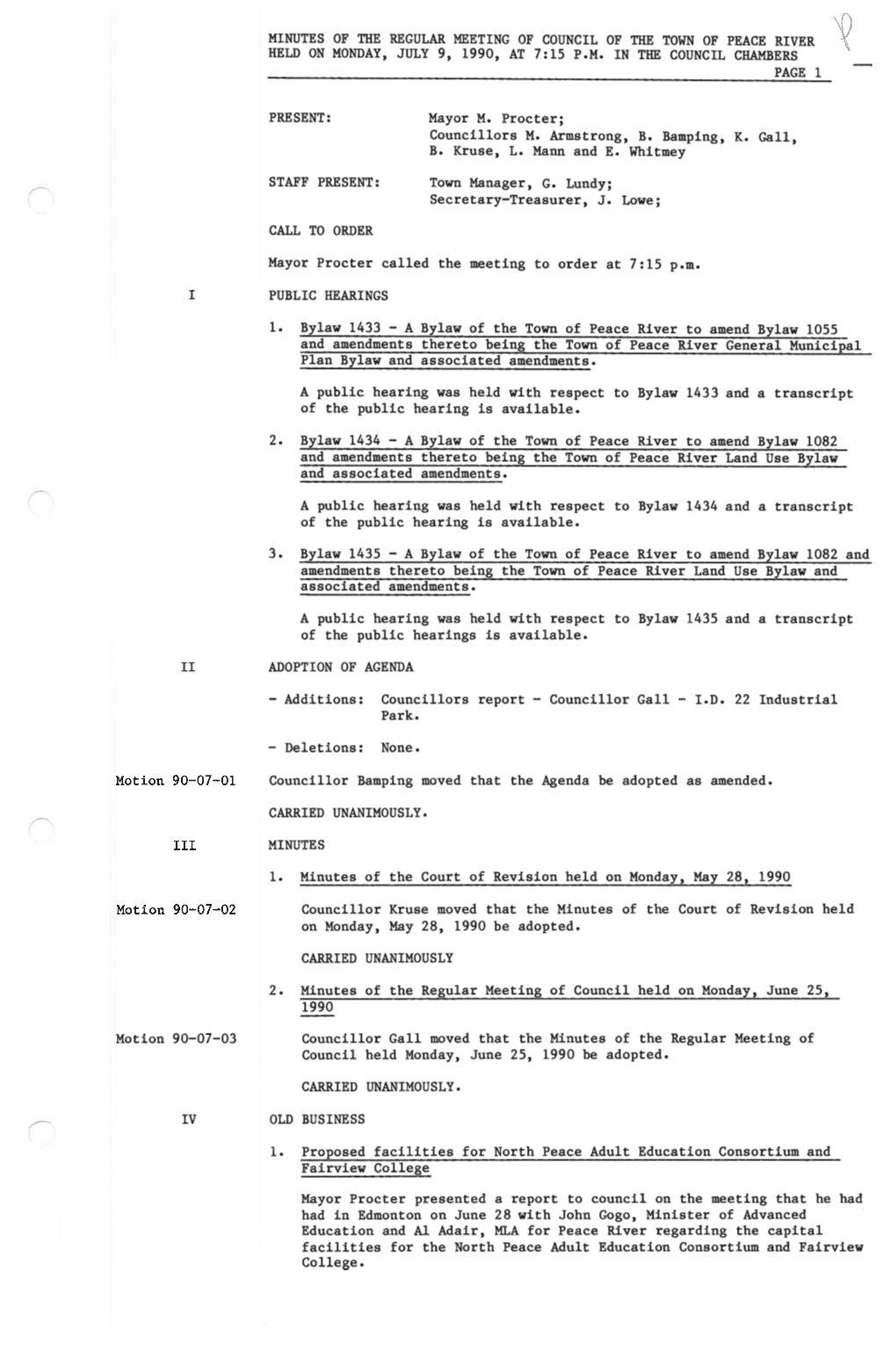 MINUTES of the REGULAR MEETING of COUNCIL of the TOWN of PEACE RIVER HELD on MONDAY, JULY 9, 1990, at 7:15 P.M