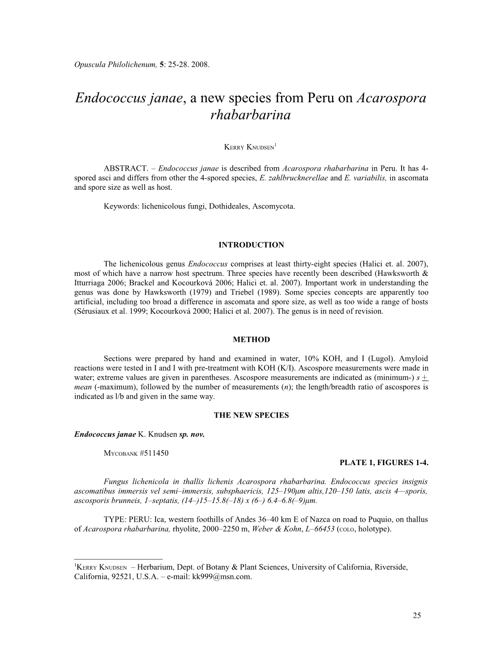 Endococcus Janae, a New Species from Peru on Acarospora Rhabarbarina