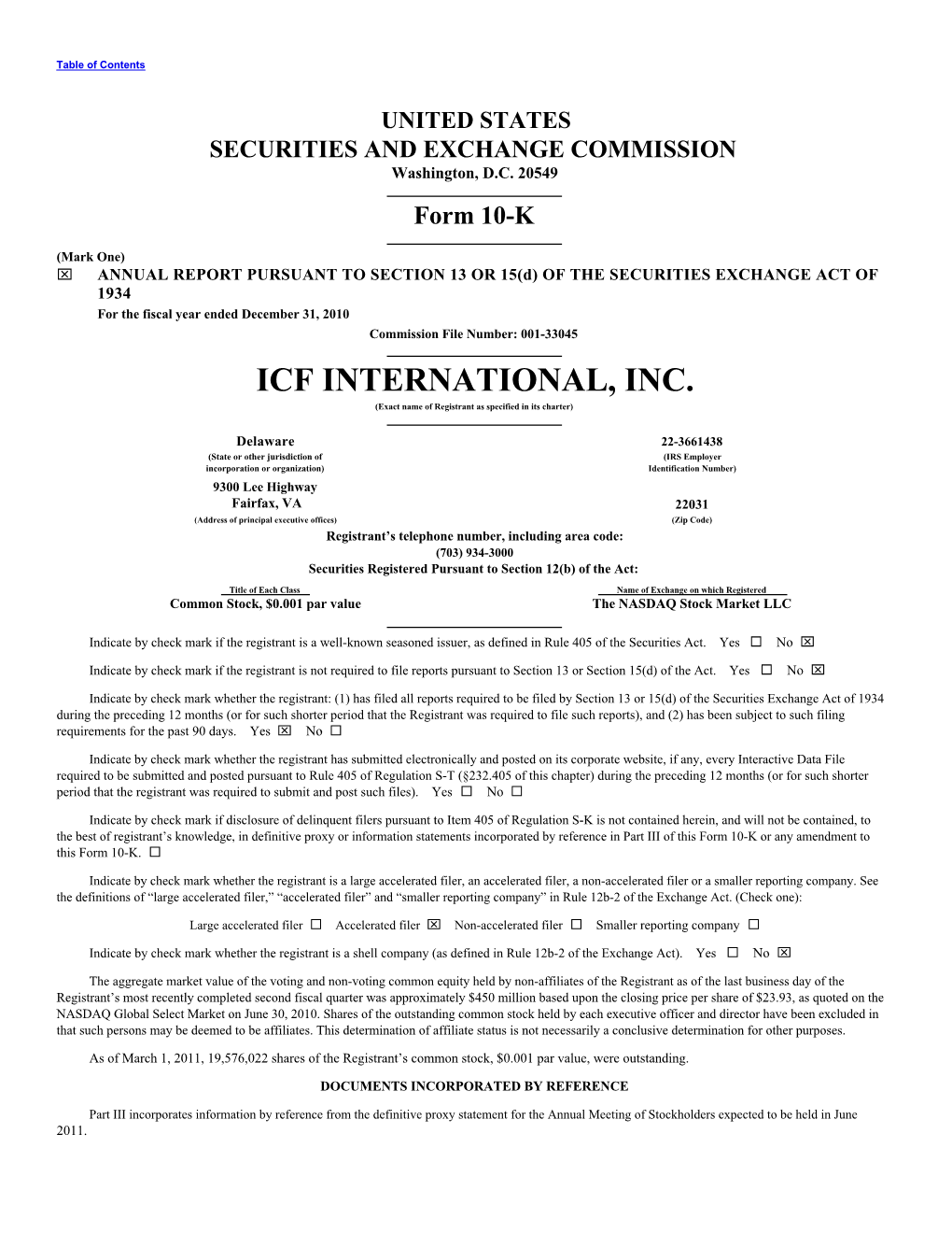 ICF INTERNATIONAL, INC. (Exact Name of Registrant As Specified in Its Charter)