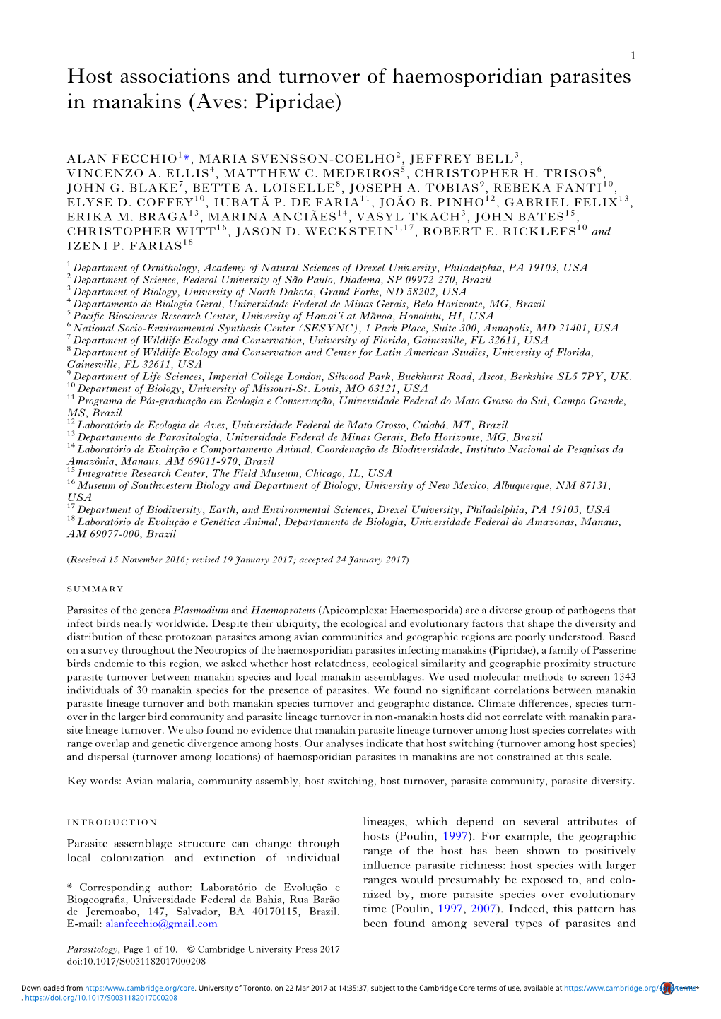 Host Associations and Turnover of Haemosporidian Parasites in Manakins (Aves: Pipridae)