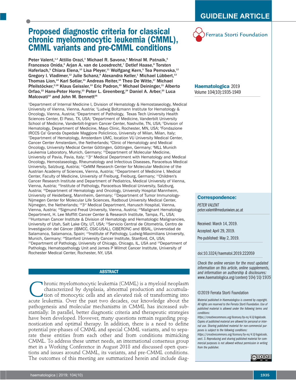 Proposed Diagnostic Criteria for Classical Chronic Myelomonocytic Leukemia (CMML), Ferrata Storti Foundation CMML Variants and Pre-CMML Conditions