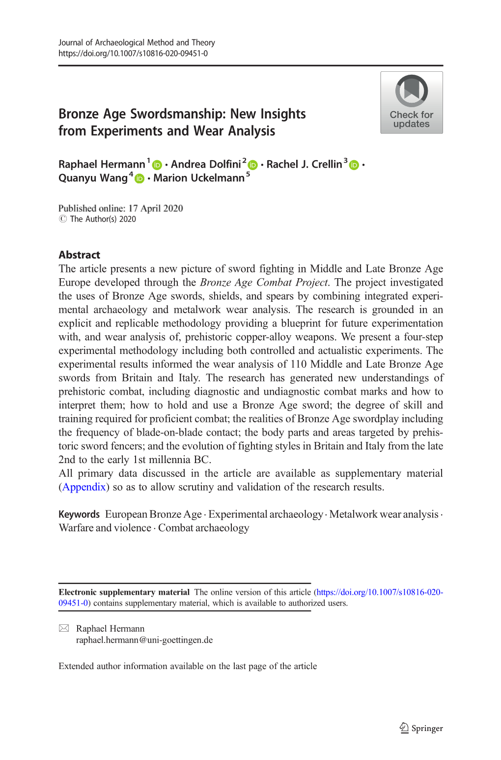 Bronze Age Swordsmanship: New Insights from Experiments and Wear Analysis