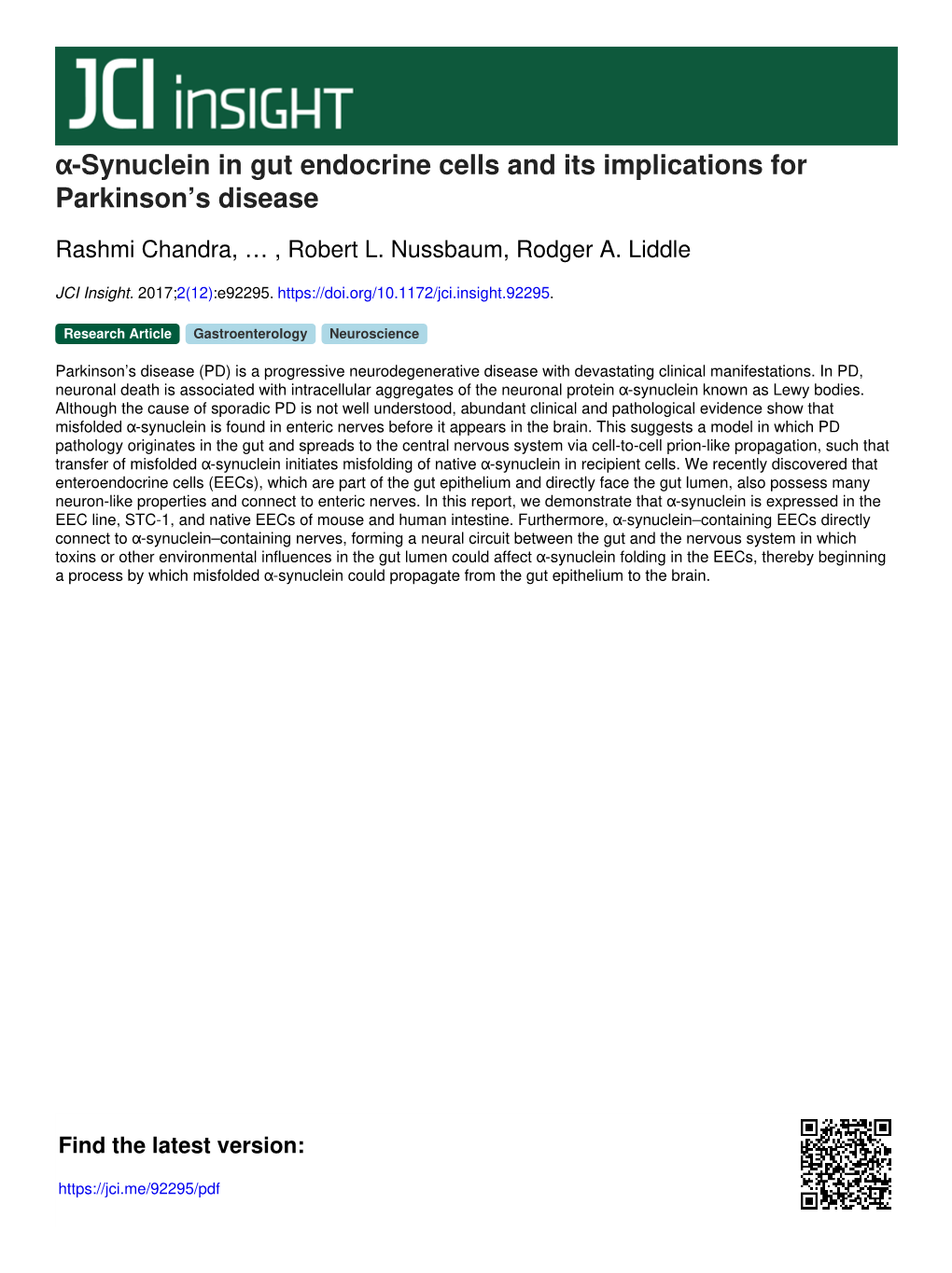 Α-Synuclein in Gut Endocrine Cells and Its Implications for Parkinson's