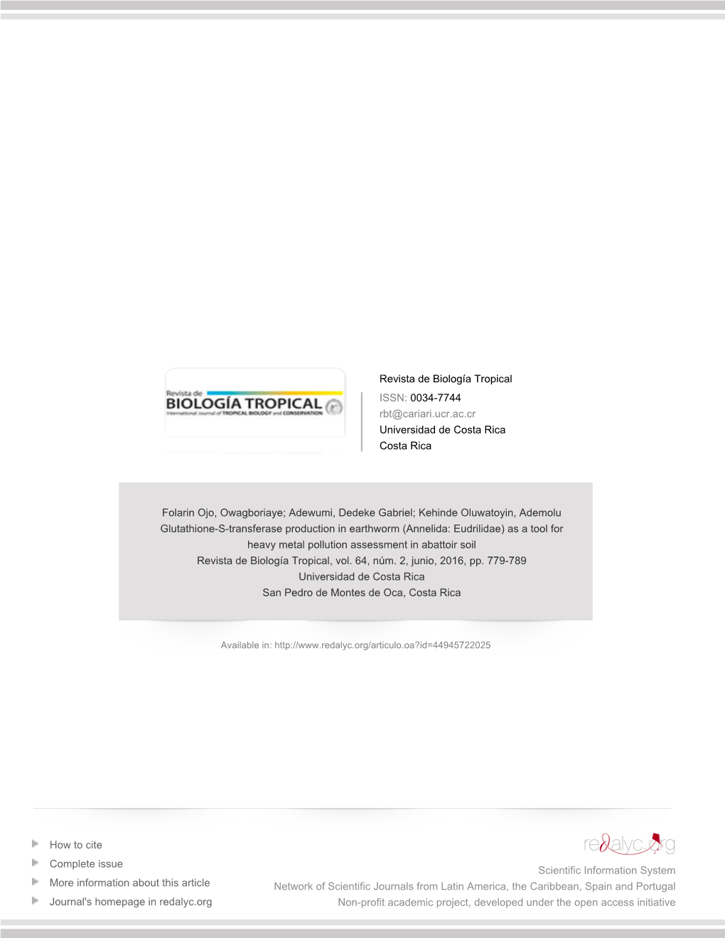 Redalyc.Glutathione-S-Transferase Production in Earthworm (Annelida