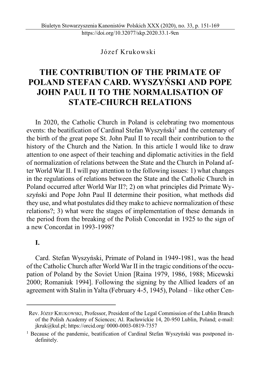 The Contribution of the Primate of Poland Stefan Card