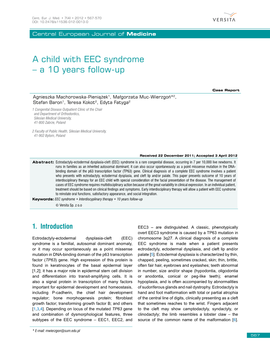 A Child with EEC Syndrome – a 10 Years Follow-Up