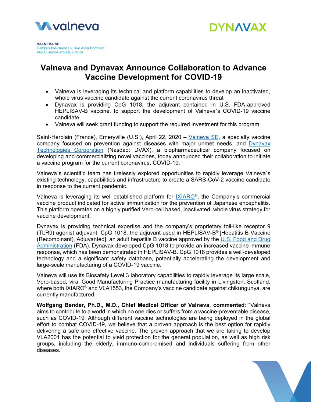 Valneva and Dynavax Announce Collaboration to Advance Vaccine Development for COVID-19