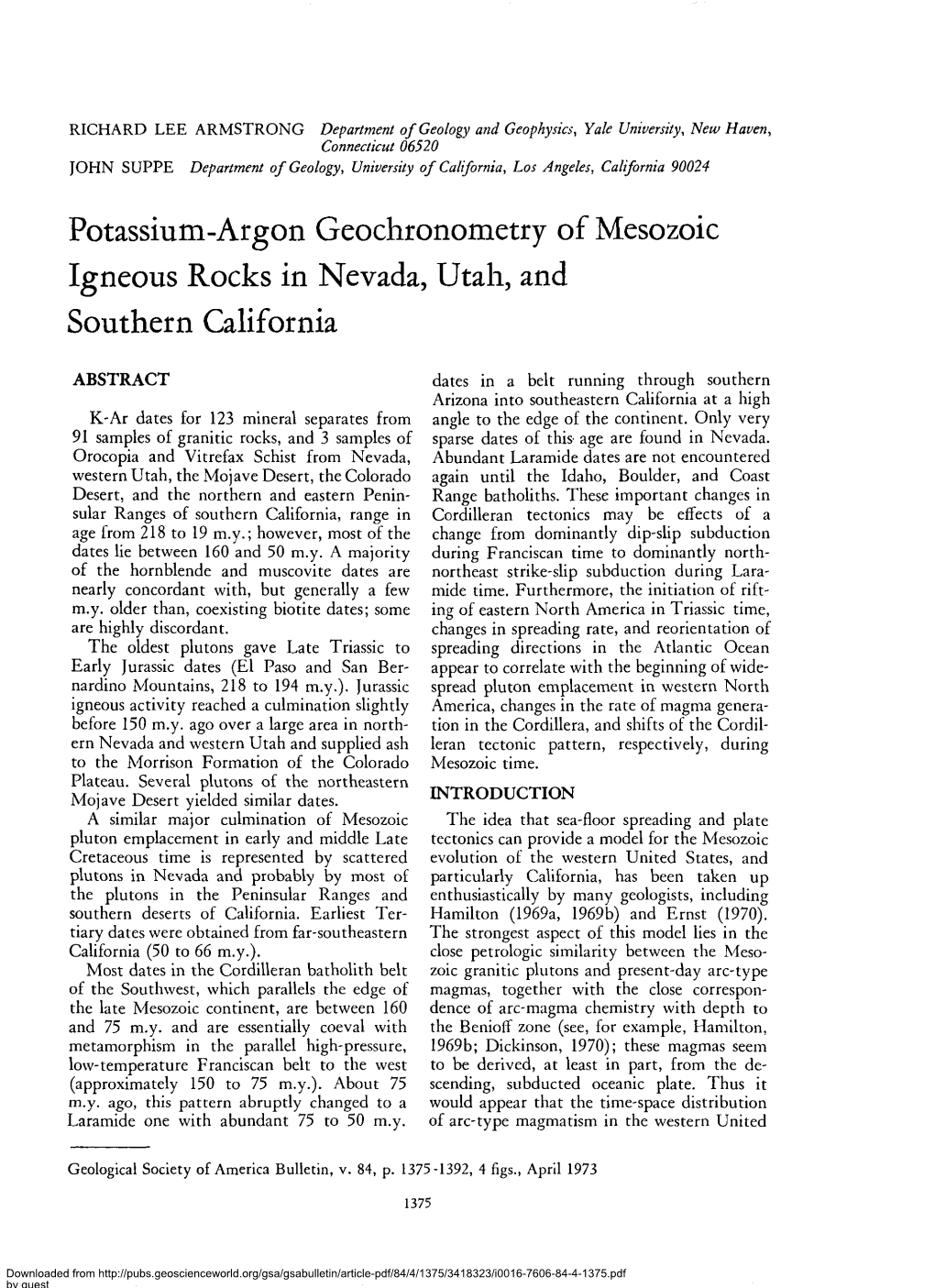 Potassium-Argon Geochronometry of Mesozoic Igneous Rocks in Nevada, Utah, and Southern California